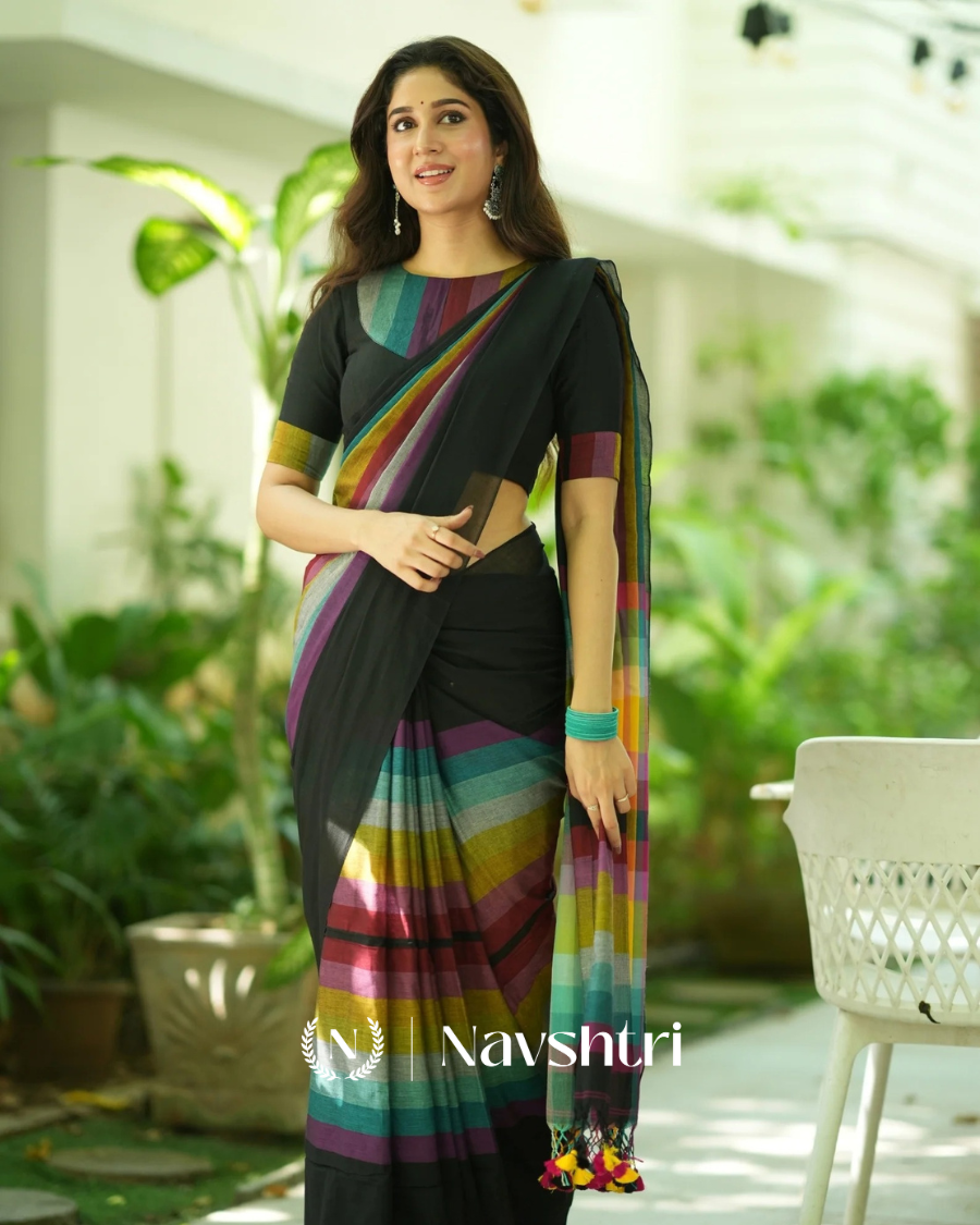 Image00004 Black Mulmul Cotton Saree with Multicolor Striped Pallu & Matching Black Blouse Piece - Image 1