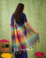 Navy Blue Mulmul Cotton Saree with Multicolor Striped Pallu & Matching Navy Blue Blouse Piece - Image 5