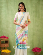 White Mulmul Cotton Saree with Multicolor Pastel Striped Pallu & Matching White Blouse Piece - Image 4