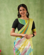 Light Green Mulmul Cotton Saree with Multicolor Striped Pallu & Matching Light Green Blouse Piece - Image 4
