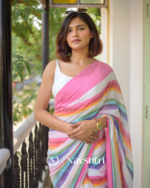 Pink Mulmul Cotton Saree with Multicolor Striped Pallu & Matching Pink Blouse Piece - Image 5