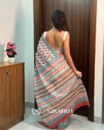 White Color 1 Minute Ready To Wear Mulmul Cotton Digital Printed Saree With Pocket - Image 4