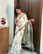 White Color 1 Minute Ready To Wear Mulmul Cotton Digital Printed Saree With Pocket