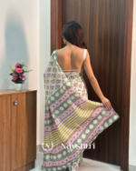 White Color 1 Minute Ready To Wear Mulmul Cotton Digital Printed Saree With Pocket - Image 4