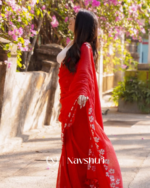 Red Color 1 Minute Ready To Wear Mulmul Cotton Digital Printed Saree With Pocket - Image 4