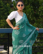 Bottle Green Color 1 Minute Ready To Wear Mulmul Cotton Digital Printed Saree With Pocket - Image 4