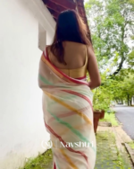 Pratham Jyot - Pure White Linen Saree with Vibrant Multicolor Stripe Border & Blouse Piece - Image 5