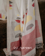 Chitra Mandal - White Linen Saree with Border, Triangle & Half Circle Design with Blouse Piece - Image 5
