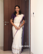 Shubhra Suvarna - Pure White Linen Saree with Purple & Golden Border Line with Blouse Piece - Image 5