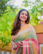Sunlit Bloom - Yellow, Green & Pink Stripe Linen Saree with Blouse Piece - Image 5