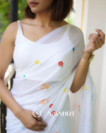 White Soft Mulmul Cotton Saree with Colorful Floral Embroidery, with Blouse Piece - Image 5