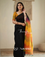 Megh Agni - Deep Black Saree with Radiant Saffron Border-Pallu & Blouse Piece - Image 5