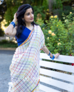 Shashi Lehar - Moonlight Checks White Linen Saree with Square Patterns & Border with Blouse Piece - Image 6