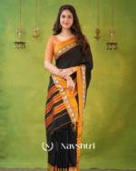 Black Mulmul Cotton Saree with Mustard Border & Elephant Weave, with Blouse Piece - Image 5