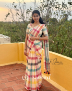 Shweta Rangoli - White Linen Saree with Rainbow Stripe & Blouse Piece