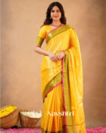 Yellow Tissue Cotton Saree with Olive Border & Pink Piping, With Blouse Piece