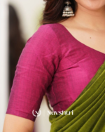 Green Mulmul Cotton Saree with Contrast Wine Blouse Piece - Image 5