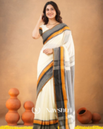 Classic White Traditional Mulmul  Cotton Saree with Contrast Border & Blouse Piece - Image 5