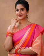 Peach Pink Mulmul Cotton Saree with Vibrant Contrast Border & Blouse Piece - Image 5