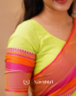 Lime Green Mulmul Cotton Saree with Pink & Orange Contrast Border & Blouse Piece - Image 5