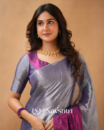 Purple & Silver Tissue Cotton Saree with Blouse Piece - Image 5