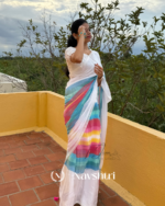 Megh Dhanush - White Linen Saree with Rainbow Stripes & Blouse Piece - Image 5