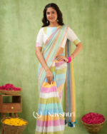 Pastel Multicolor Striped Mulmul Cotton Saree Saree with Blouse Piece - Image 5