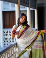 White Mulmul Cotton Saree with Multicolor Woven Striped Pallu & Matching White Blouse Piece - Image 5