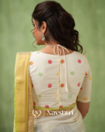 White & Light Yellow Mulmul Cotton Saree with Golden Woven Border & Matching White Blouse Piece - Image 5