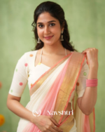 White & Peach Mulmul Cotton Saree with Golden Woven Border & Matching White Blouse Piece - Image 5