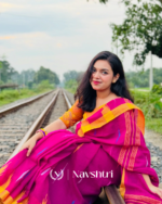 Rang Surya - Pink Linen Saree with Yellow Border & Design with Blouse Piece - Image 6