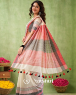 Ivory Mulmul Cotton Saree with Pink & Black Striped Pallu & Matching Ivory Blouse Piece - Image 5