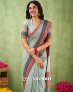 Grey Mulmul Cotton Saree with Pink & Black Striped Pallu & Matching Grey Blouse Piece