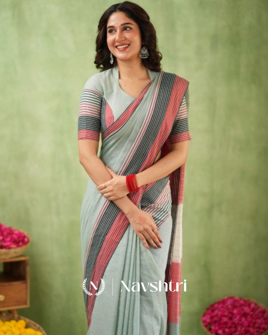 Image00005 Grey Mulmul Cotton Saree with Pink & Black Striped Pallu & Matching Grey Blouse Piece - Image 1