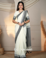 White MulMulmul Cotton Saree with Grey Border Motif & Matching Off-White Blouse Piece - Image 5