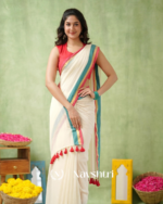 White Mulmul Cotton Saree with Teal & Pink & Gold Border & Red Blouse Piece - Image 5