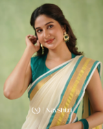 White Mulmul Cotton Saree with Teal & Gold Border & Matching Teal Blouse Piece - Image 6