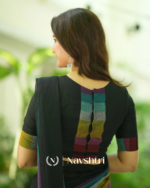 Black Mulmul Cotton Saree with Multicolor Striped Pallu & Matching Black Blouse Piece - Image 5