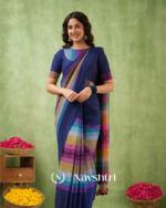 Navy Blue Mulmul Cotton Saree with Multicolor Striped Pallu & Matching Navy Blue Blouse Piece