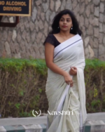 Divya Rekha - White Linen Saree with Lining Stripe & Pallu Lining Design with Blouse Piece - Image 5