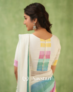 White Mulmul Cotton Saree with Multicolor Pastel Striped Pallu & Matching White Blouse Piece - Image 5