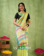 Light Green Mulmul Cotton Saree with Multicolor Striped Pallu & Matching Light Green Blouse Piece - Image 5
