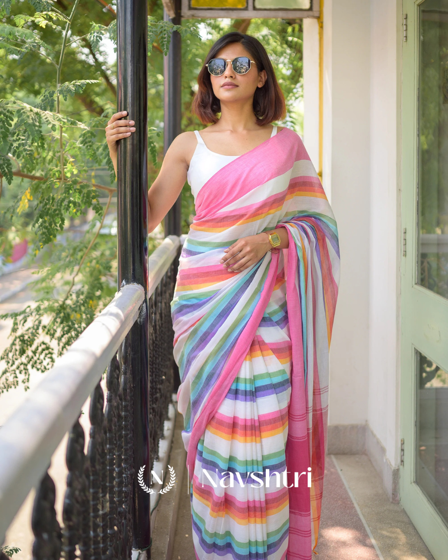 Image00005 Pink Mulmul Cotton Saree with Multicolor Striped Pallu & Matching Pink Blouse Piece - Image 1