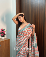 White Color 1 Minute Ready To Wear Mulmul Cotton Digital Printed Saree With Pocket - Image 5