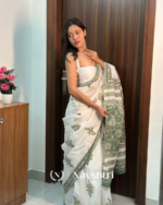 White Color 1 Minute Ready To Wear Mulmul Cotton Digital Printed Saree With Pocket - Image 5