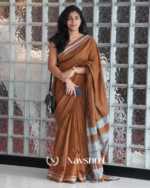 Tejas Dhara - Saffron Linen Saree with Silver Border Design & Blouse Piece - Image 5