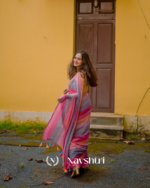 Gulab Surya - Pink & Saffron Striped Linen Saree with Blouse Piece - Image 7