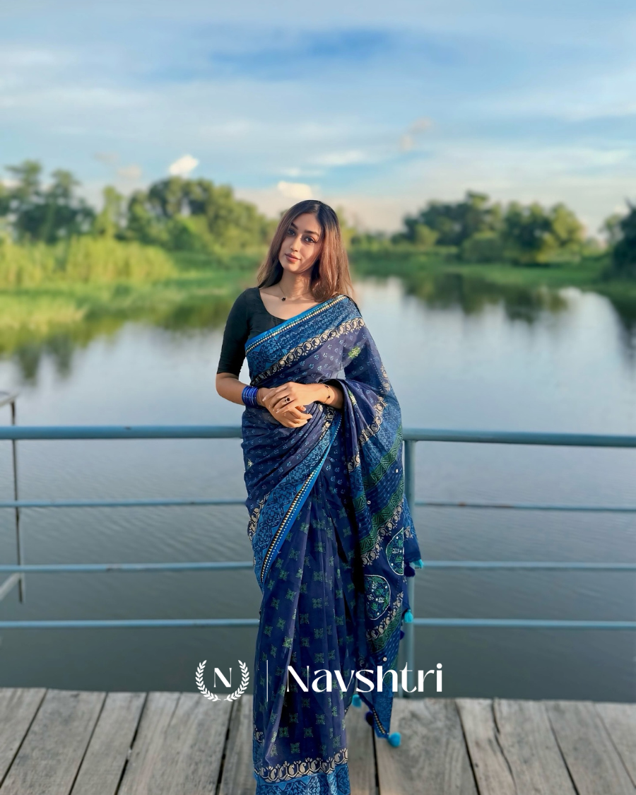 Image00006 Samudra Jyoti - Graceful Navy Linen Saree with Small Detailing & Border with Blouse Piece - Image 1