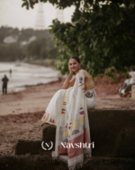 Chitra Mandal - White Linen Saree with Border, Triangle & Half Circle Design with Blouse Piece - Image 6