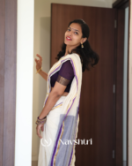 Shubhra Suvarna - Pure White Linen Saree with Purple & Golden Border Line with Blouse Piece - Image 6